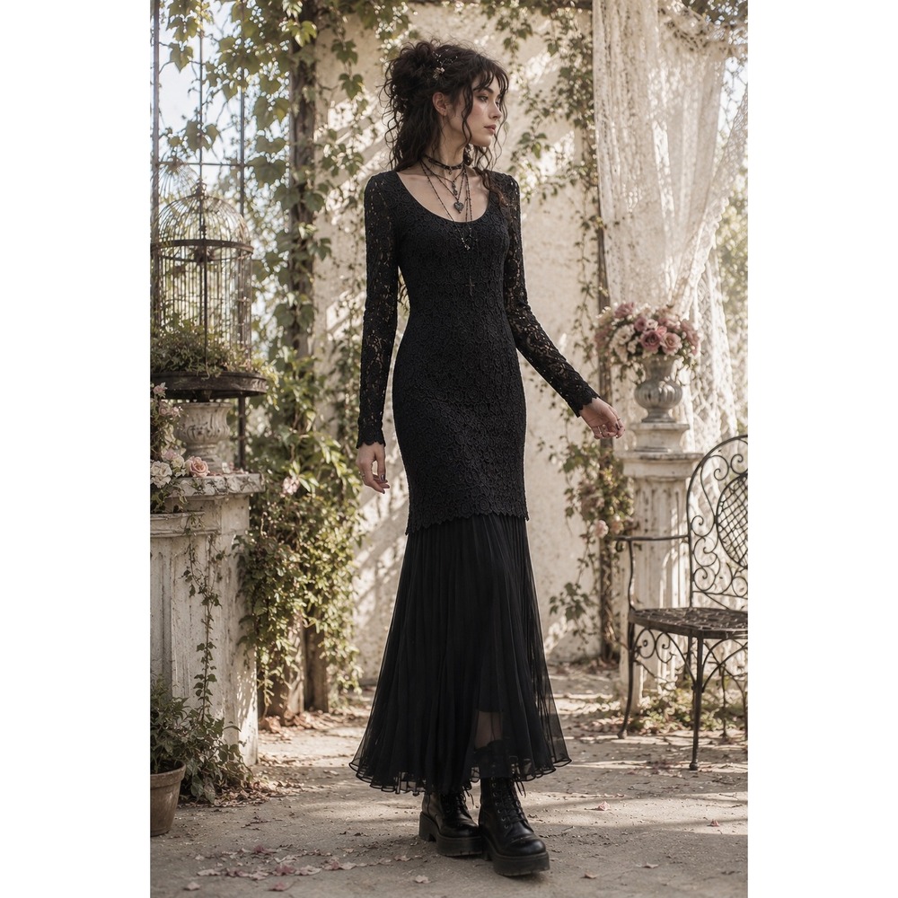 Vintage Black Lace Pleated Maxi Dress Womens S- M Gothic Evening Gown Whimsigoth